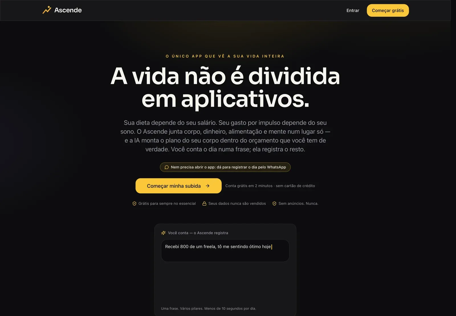 Captura da página pública do Ascende, com a proposta de reunir corpo, dinheiro e mente.